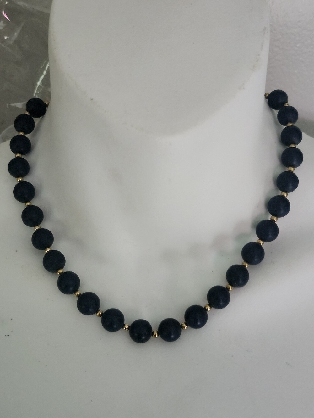 Vtg Monet Classic Navy Beaded Necklace with Gold Tone Spacer Accents